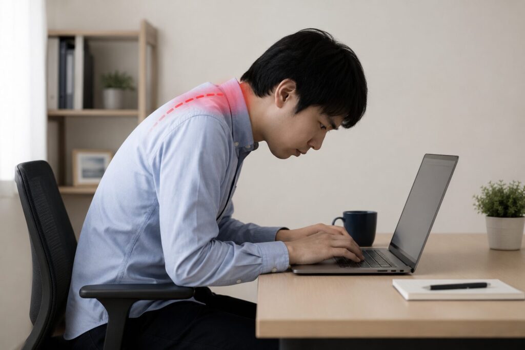ノートPCを覗き込み姿勢は首の後ろに負担がかかる説明